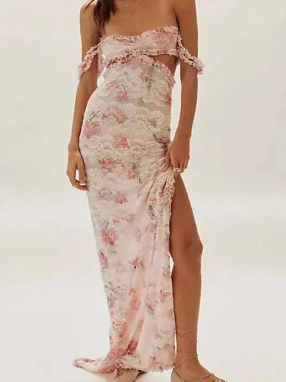 Dzo Harper Pink Floral Lace Cut out Romantic Ethereal Maxi Dress Sz Large NWT